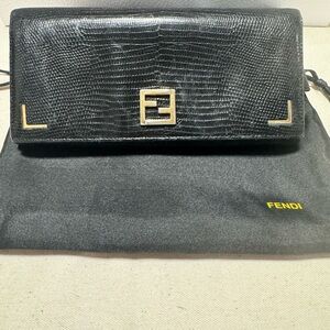 Fendi Black Lizard-Embossed Leather Clutch with Gold Hardware